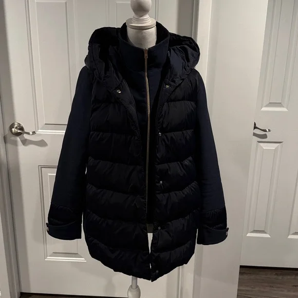 Herno Women's Navy Blue Removable Windblocker Hooded Down Coat Jacket Size M 44 - Picture 4 of 16